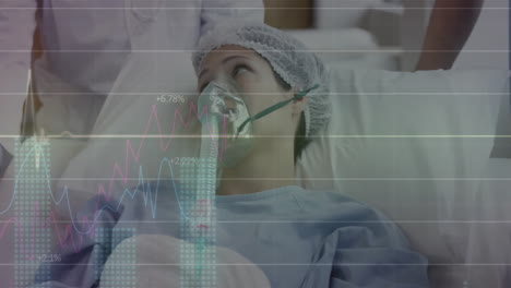 Animation-of-data-processing-over-caucasian-female-patient-in-oxygen-mask