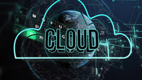 Animation-Von-Wolkentext-über-Dem-Globus-Und-Verarbeitung-Finanzieller-Daten