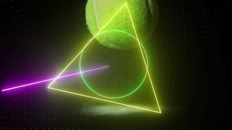 Animation-of-colourful-circle,-triangle-and-square-scanning-tennis-ball-bouncing-on-racket-on-black