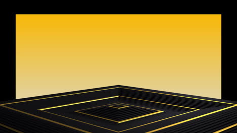 Animation-Eines-Wellenförmigen-Quadratischen-Podiums-In-Schwarz-Und-Gold-Mit-Orangefarbenem-Und-Schwarzem-Hintergrund