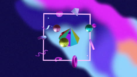 Animation-of-rotating-3d-metallic-diamond-and-spheres-in-pink-frame-over-blurred-colours-on-black