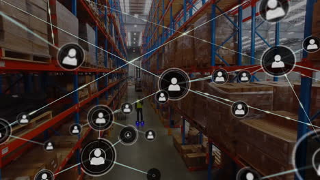 Animation-of-network-of-people-icons-over-caucasian-male-worker-on-segway-at-warehouse