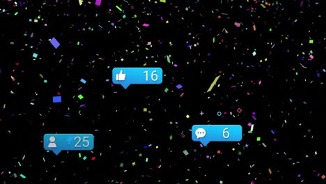 Animation-of-social-media-notifications-over-confetti-falling-on-black-background