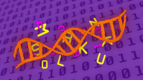Animation-of-dna-strand,-binary-coding-and-data-processing-over-purple-background