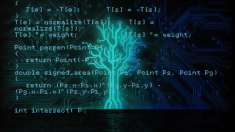 Animation-of-glowing-tree-motherboard-network-over-data-processing-on-black-background