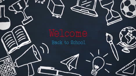 Animación-De-Texto-De-Bienvenida-A-La-Escuela-E-íconos-De-Artículos-Escolares-Sobre-Fondo-Negro