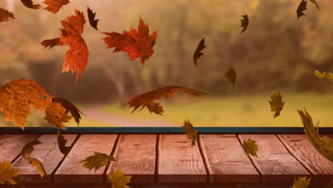 Animation-Von-Herbstblättern,-Die-über-Bäume-Und-Holzoberflächen-Fallen