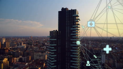Animation-of-network-of-health-and-media-icons-over-modern-cityscape