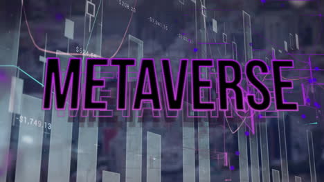 Animation-Von-Metaverse-Text-über-Netzwerk-Und-Datenverarbeitung-über-Stadtlandschaft