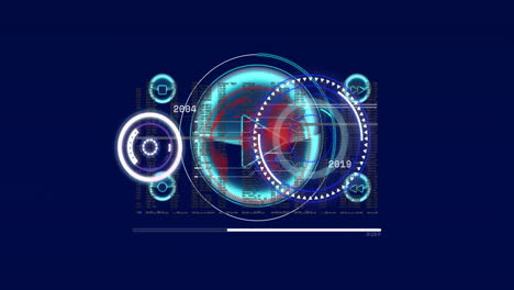 Animation-of-circular-scanners-processing-data-and-play-symbol-on-dark-blue-background