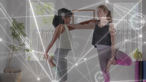 Animation-of-communication-network-and-data-processing-over-diverse-teenage-girls-practicing-yoga