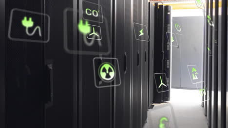 Animation-of-ecology-icons-over-server-room