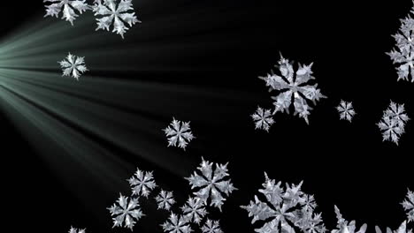 Animation-Von-Schneeflocken-über-Lichtspuren-Auf-Schwarzem-Hintergrund