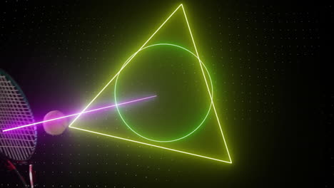 Animation-of-colourful-circle,-triangle-and-square-scanning-tennis-ball-bouncing-off-racket-on-black