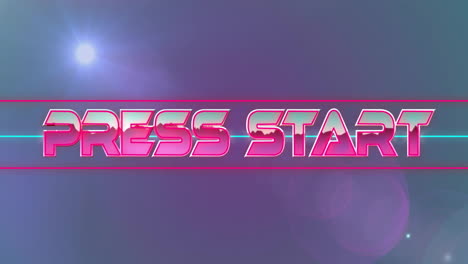 Animation-of-press-start-text-in-pink-metallic-letters-over-blurred-colourful-lights