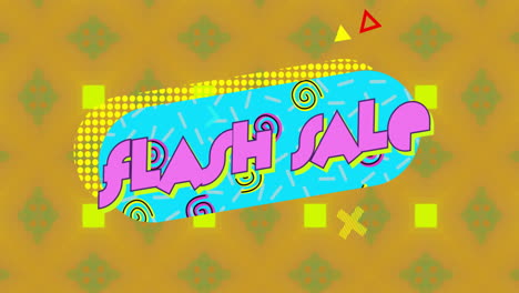 Animation-of-flash-sale-text-in-pink-over-kaleidoscopic-yellow-and-green-shapes