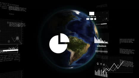 Animation-Von-Mediensymbolen,-Diagrammen-Und-Verarbeitungsdaten-über-Einem-Im-Weltraum-Rotierenden-Globus