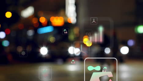 Animation-of-eco-icons-and-data-processing-over-out-of-focus-city-lights