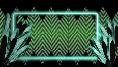 Animation-of-flashing-green-neon-frame-and-leaves-over-zigzag-striped-background-on-black