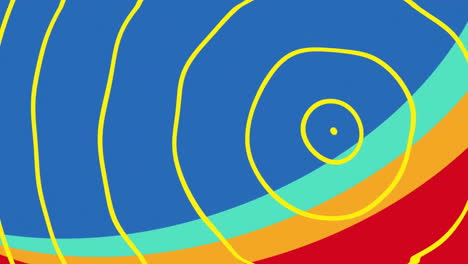 Animation-of-yellow-circles-over-multi-coloured-shapes-on-blue-background