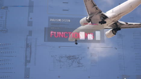 Animation-of-analysing-system-text-and-processing-data-on-interface-over-jet-plane-taking-off