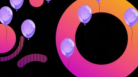Animation-of-purple-balloons-and-vibrant-circles-over-black-background
