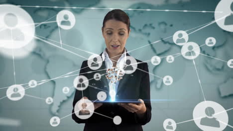 Animation-of-network-of-connections-with-icons-over-caucasian-woman-using-tablet