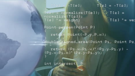Animation-of-globe-and-digital-data-processing-over-caucasian-woman-using-smartphone