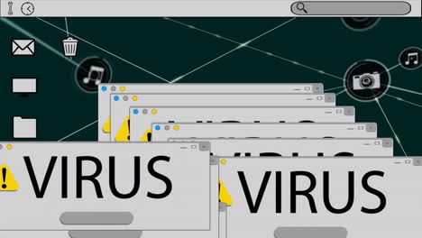 Animation-of-virus-text,-network-of-connections-with-icons-and-data-processing