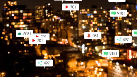 Animation-of-social-media-icons-with-growing-numbers-over-cityscape