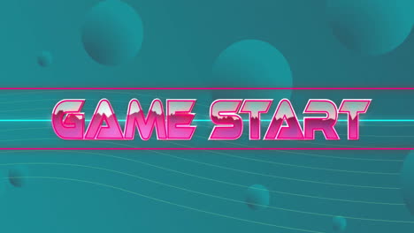 Animation-of-game-start-text-in-pink-metallic-letters-over-blue-spheres-on-blue-background