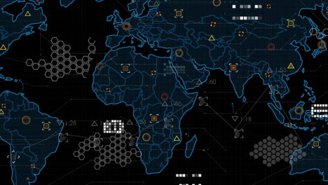 Animation-of-world-map-and-processing-data-on-black-background