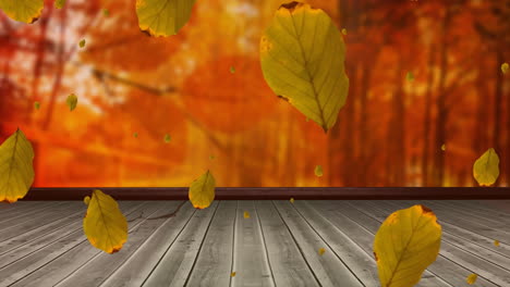 Animation-Von-Herbstblättern,-Die-über-Bäume-Und-Holzoberflächen-Fallen