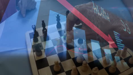 Animation-of-downward-arrow,-graph-and-processing-data-over-hand-moving-chess-piece-on-board