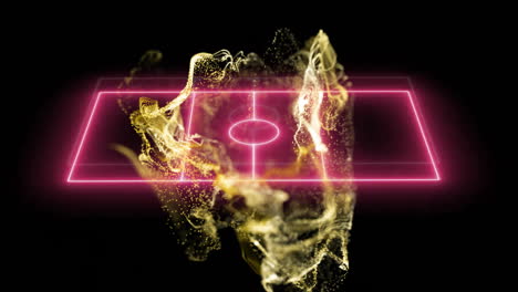 Animation-of-network-of-yellow-particles-floating-over-pink-neon-basketball-court-on-black