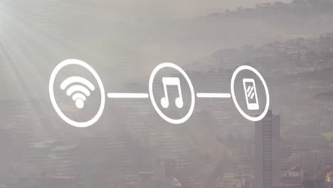 Animation-of-network-of-wifi-and-media-icons-over-modern-cityscape