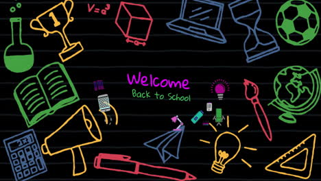 Animation-of-welcome-back-to-school-text-and-school-items-icons-over-black-background