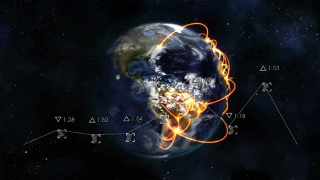 Animation-Von-Diagrammen-Zur-Datenverarbeitung-über-Einem-Globus-Mit-Leuchtend-Orangefarbenem-Netzwerk-Im-Weltraum