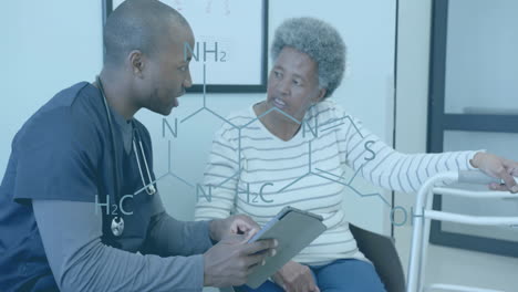 Animation-of-element-diagram,-african-american-male-doctor-with-tablet-and-senior-female-patient