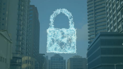 Animation-of-cloud,-padlock-and-shield-icon-over-cityscape
