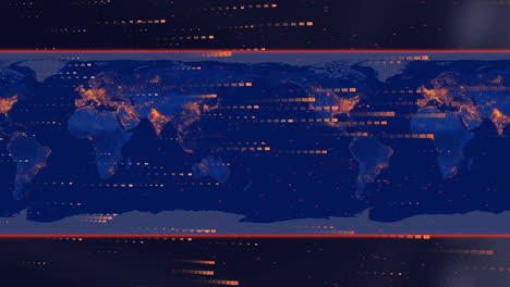 Animation-of-orange-data-trails-processing-over-blue-world-map-and-black-borders