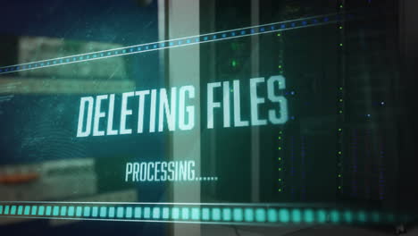 Animation-of-deleting-files,-processing-text-on-interface-over-server-room