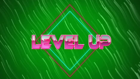 Animation-Eines-Level-Up-Textes-In-Rosa-Metallic-Buchstaben-über-Weißen-Lichtspuren-Auf-Grünem-Hintergrund