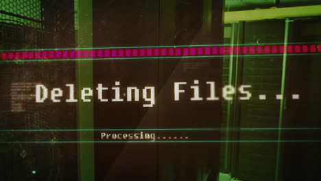 Animation-of-deleting-files,-processing-text-on-interface-screen-over-computer-server-room