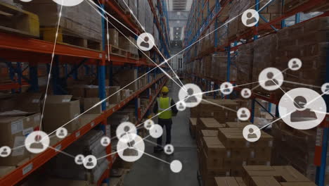 Animation-of-network-of-people-icons-over-male-worker-on-segway-at-goods-warehouse