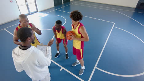 Diverse-basketball-team-discusses-strategy-on-court