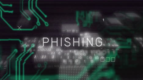 Animation-of-circuit-board,-phishing-text-and-data-processing-over-black-background