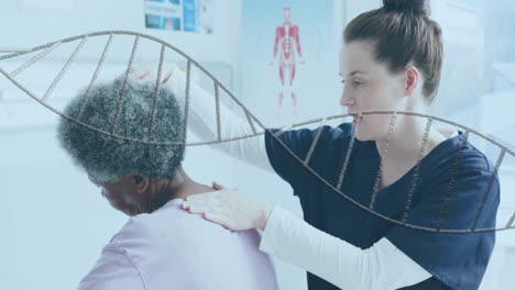 Animation-of-dna-strand-over-diverse-female-physiotherapist-and-senior-female-patient