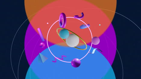 Animation-of-rotating-gold-ring-with-3d-shapes-over-blue,-orange-and-purple-circles-on-black