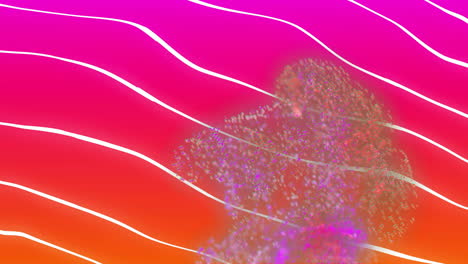 Animation-of-glowing-light-trails-moving-over-striped-pink-to-orange-background